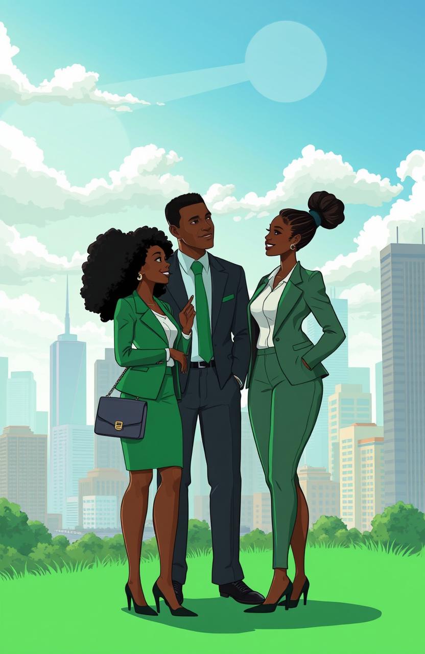 An animated scene depicting two black women and one black man in a professional urban city setting