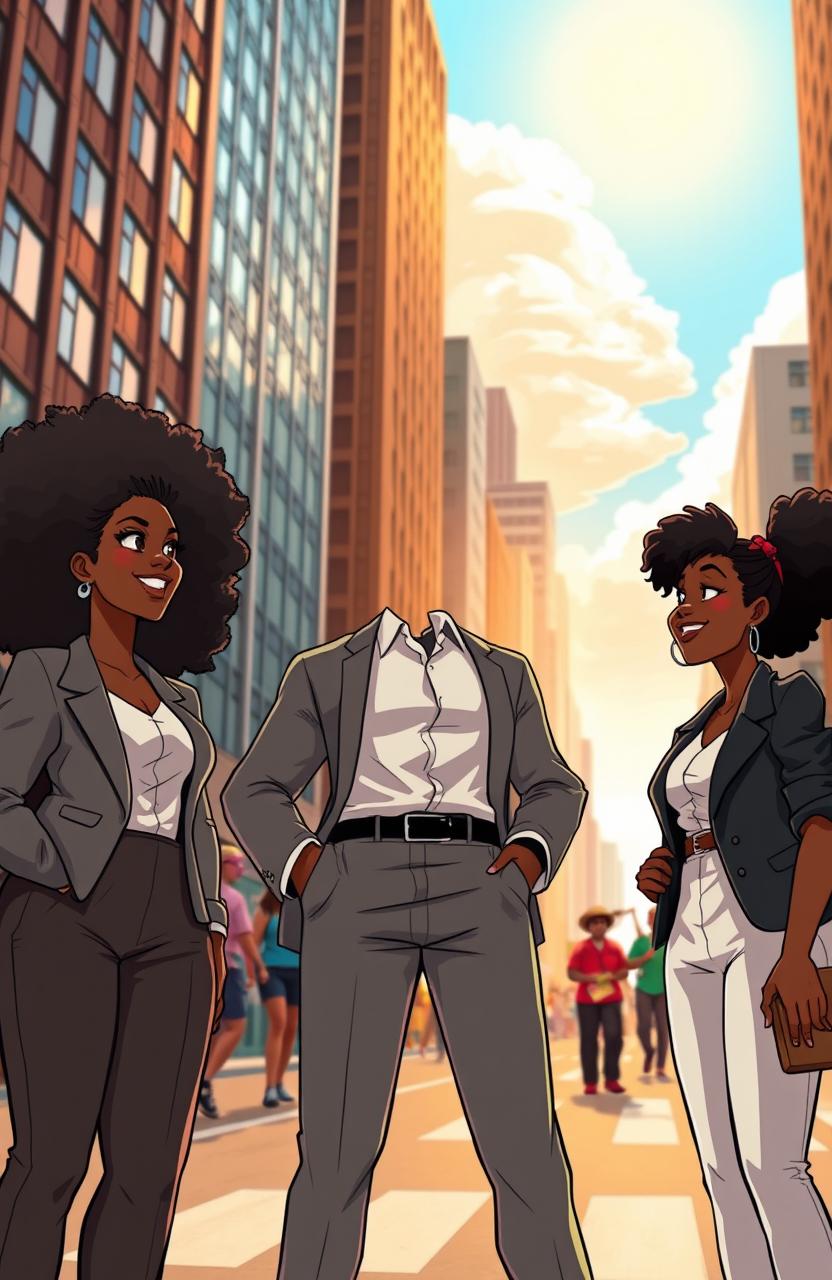 A vibrant urban city scene featuring two black women and one black man, all dressed in professional attire