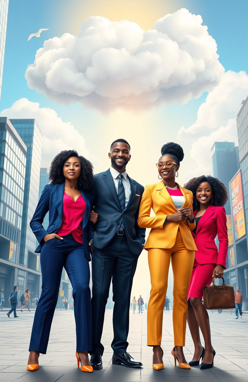 A vibrant scene in an urban city, featuring two black women and one black man dressed as business professionals