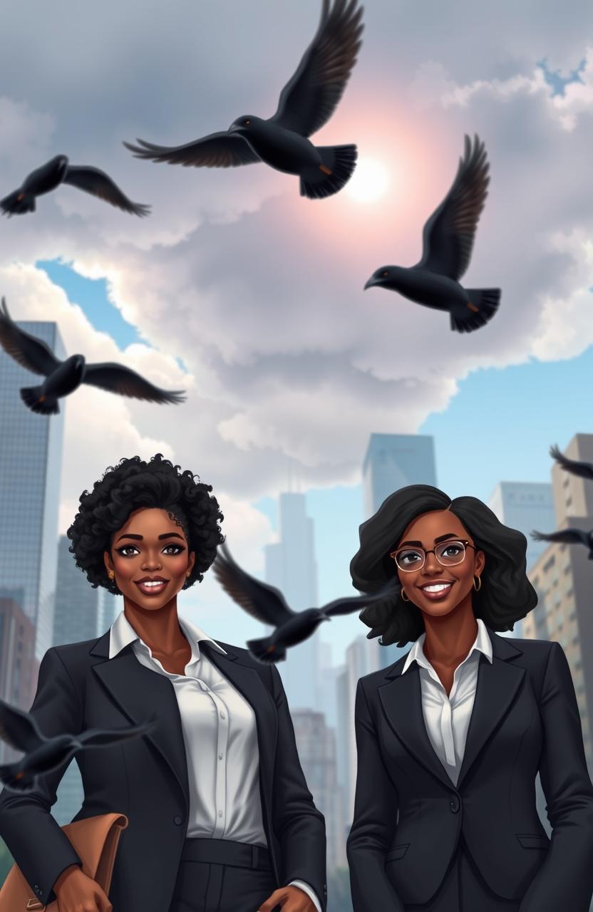 A vibrant scene depicting two black women and one black man as business professionals in an urban city setting