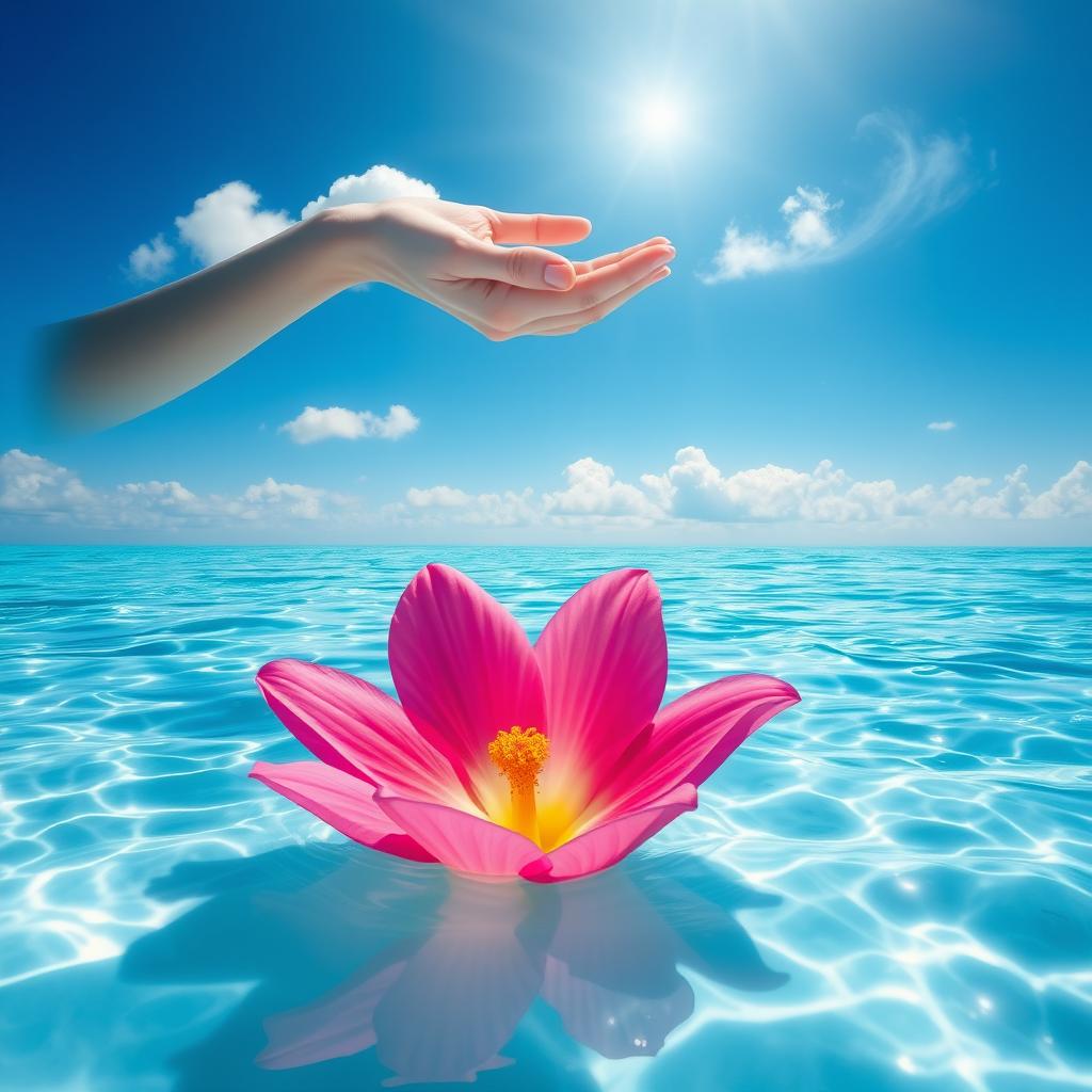 A stunning blooming flower on the surface of a serene sky blue ocean, with a celestial hand reaching down from the sky to grasp the flower gently