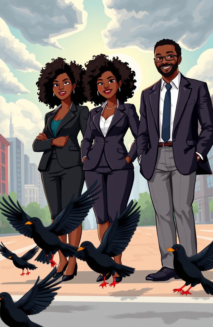 A vibrant urban scene depicting two black women and one black man dressed in professional business attire, standing confidently in an urban city setting