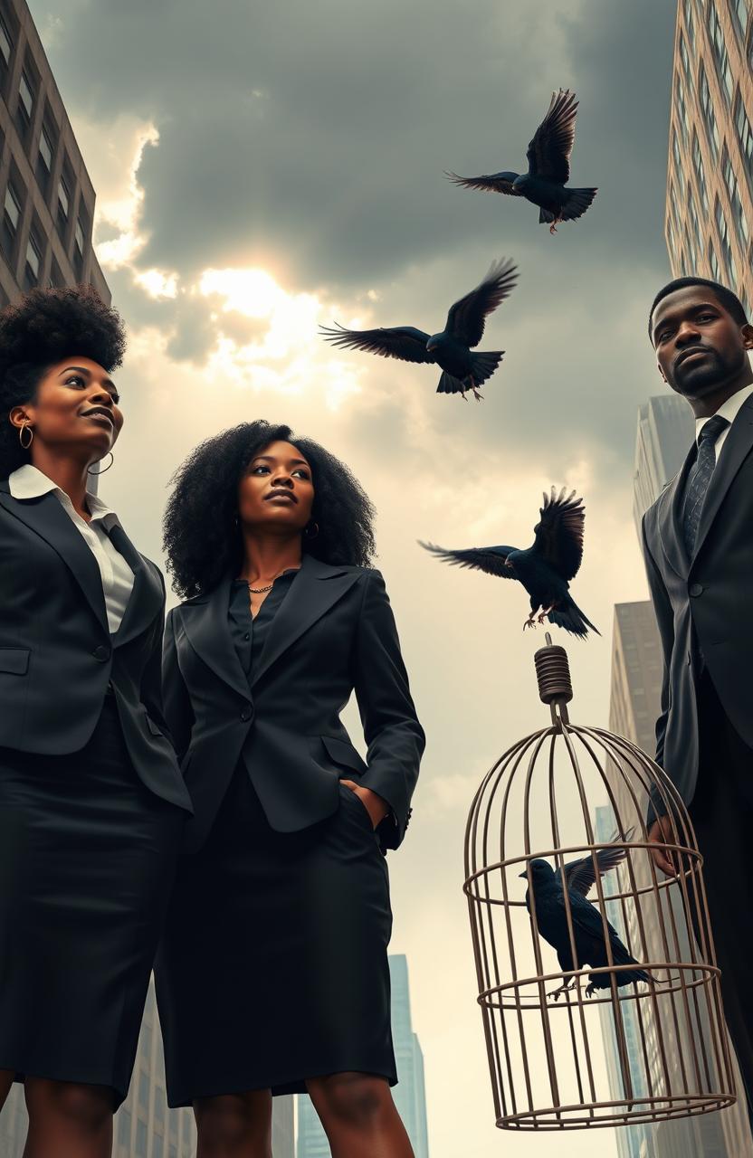 Two black women and one black man dressed as business professionals, standing confidently in an urban city setting