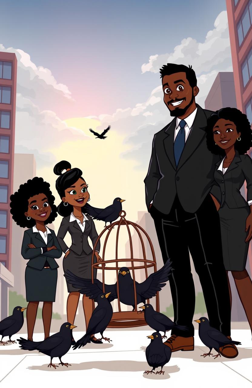 An animated scene featuring two Black women and one Black man, all dressed as professional business people in an urban city setting