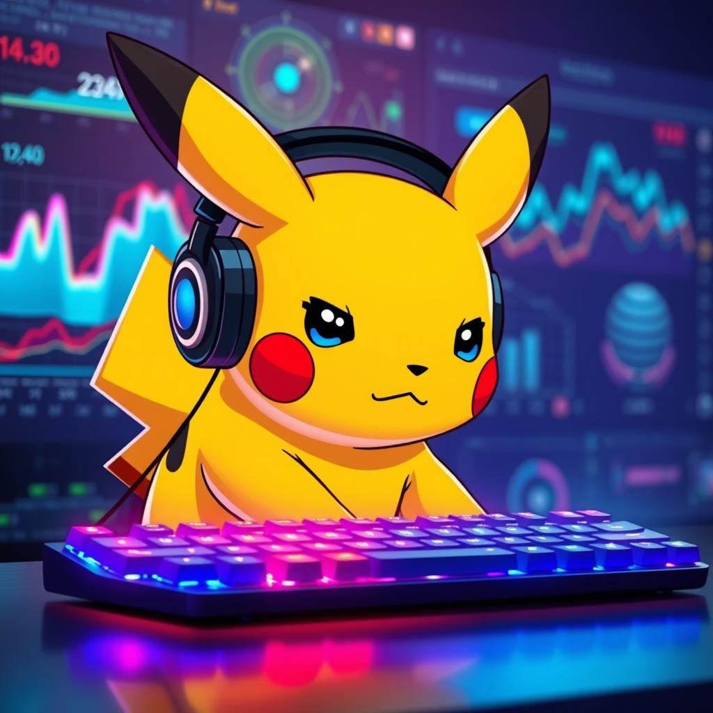 A cartoon-style Pikachu, depicted as a gamer, sitting in front of a glowing RGB keyboard