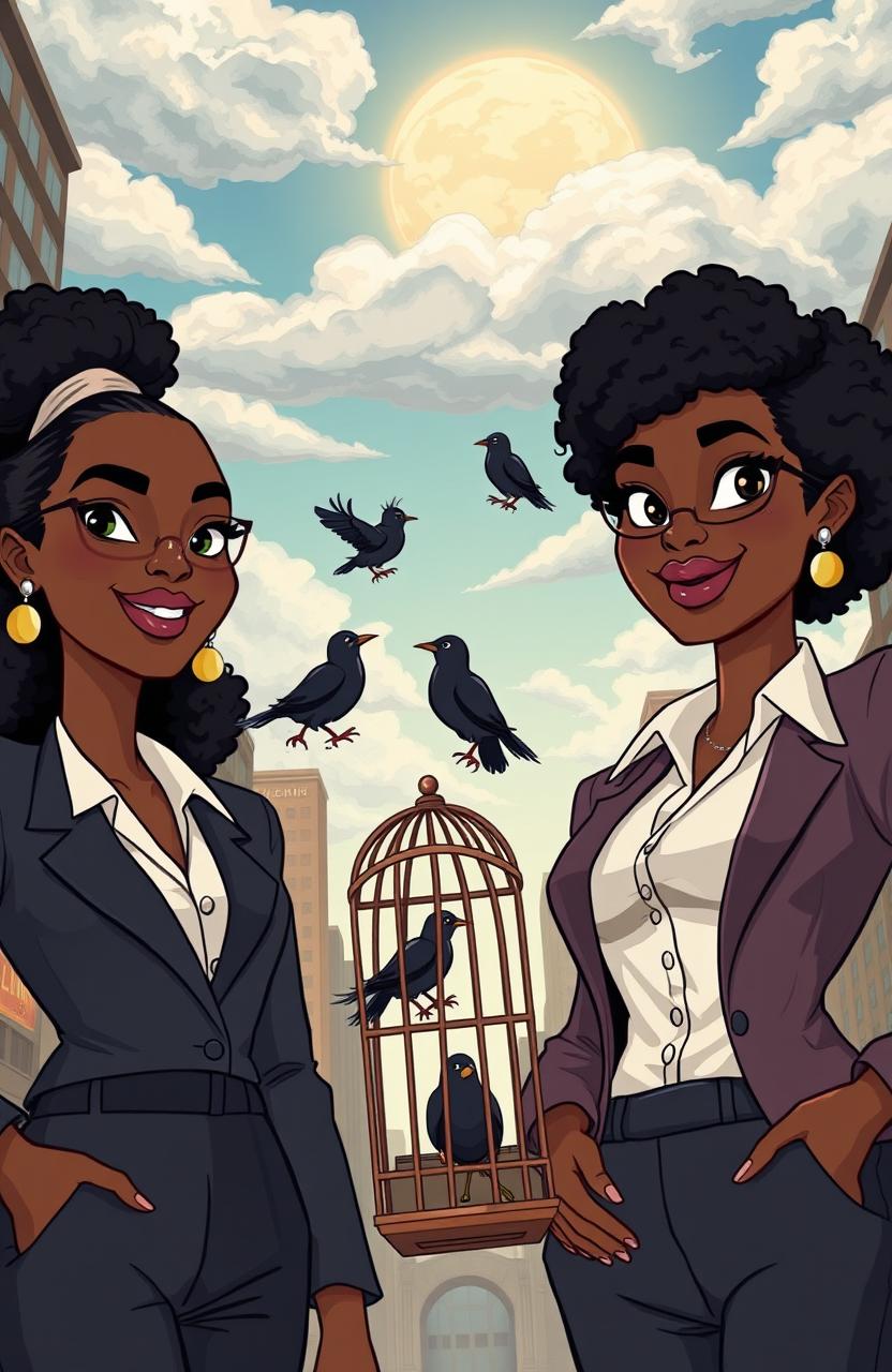 Two confident Black women and one Black man, dressed in stylish business professional attire, standing together in a bustling urban cityscape