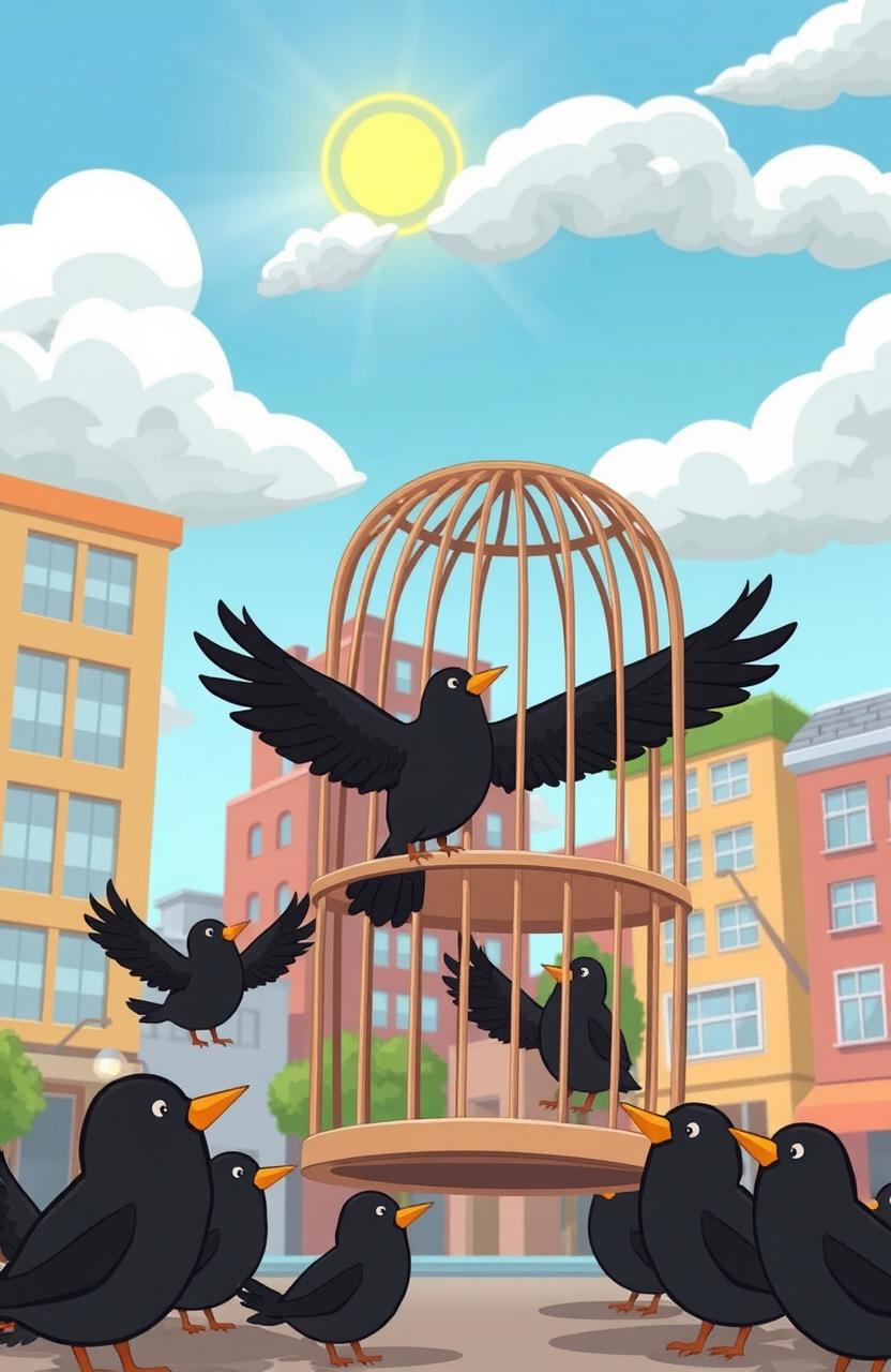 An animated urban city setting featuring a cloudy sky with a peak of sunshine breaking through