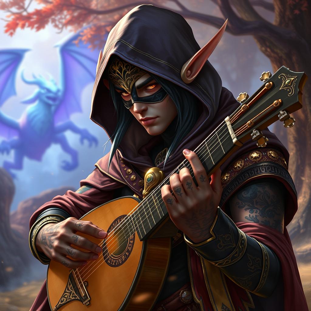 A male dark elf bard wearing a mysterious hood and a decorative mask, with a dashing pose playing a lute