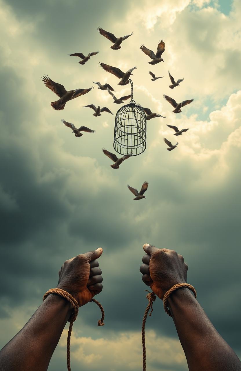 A powerful image depicting African American hands tied with rope reaching upwards toward a flock of caged birds that are being set free