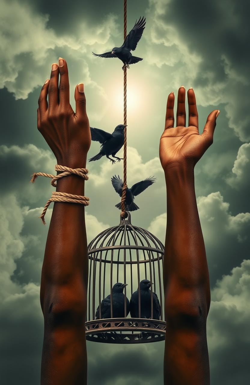 A powerful image depicting African American hands tied with rope reaching upwards, symbolizing a yearning for freedom