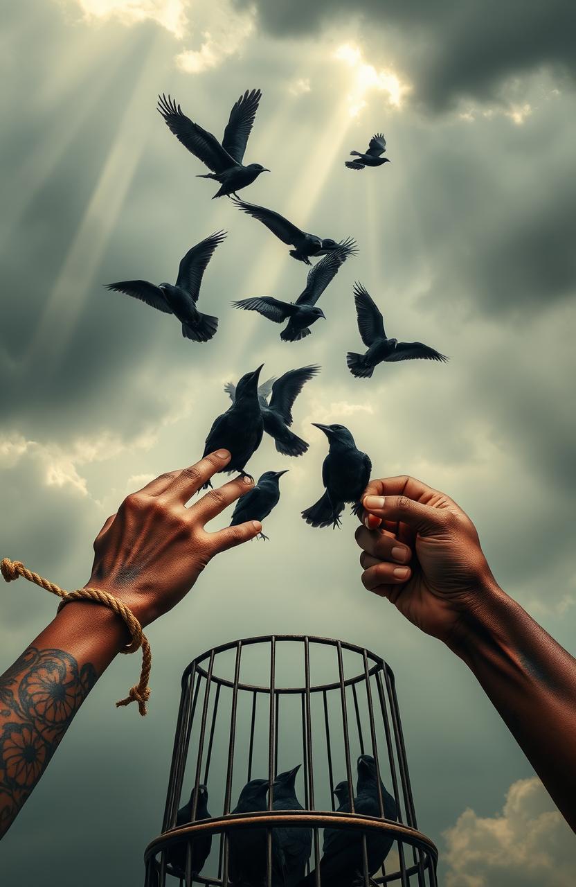 A powerful image depicting a pair of African American hands, one belonging to a woman and the other to a man, both adorned with striking tattoos