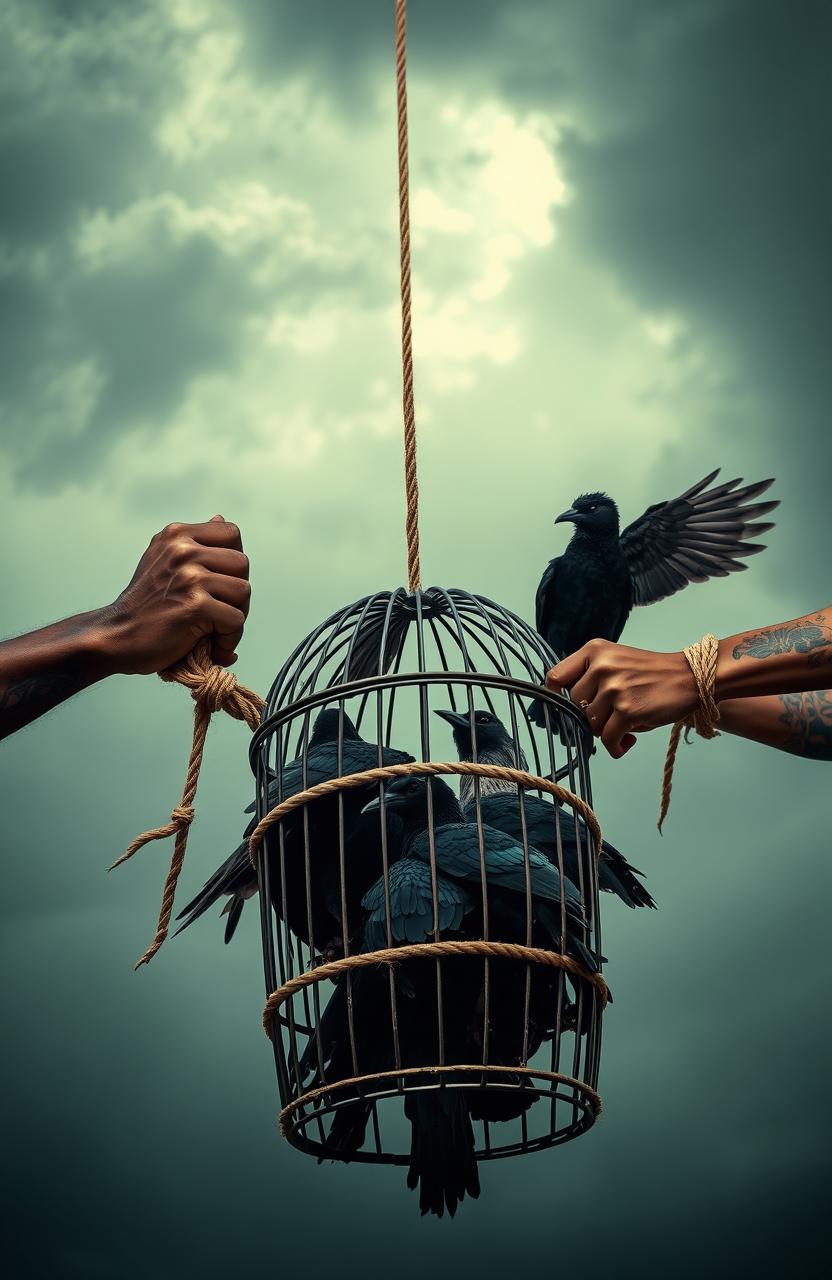 A dramatic scene featuring an African American man and woman with intricate tattoos on their hands, both of whom are tied with rope