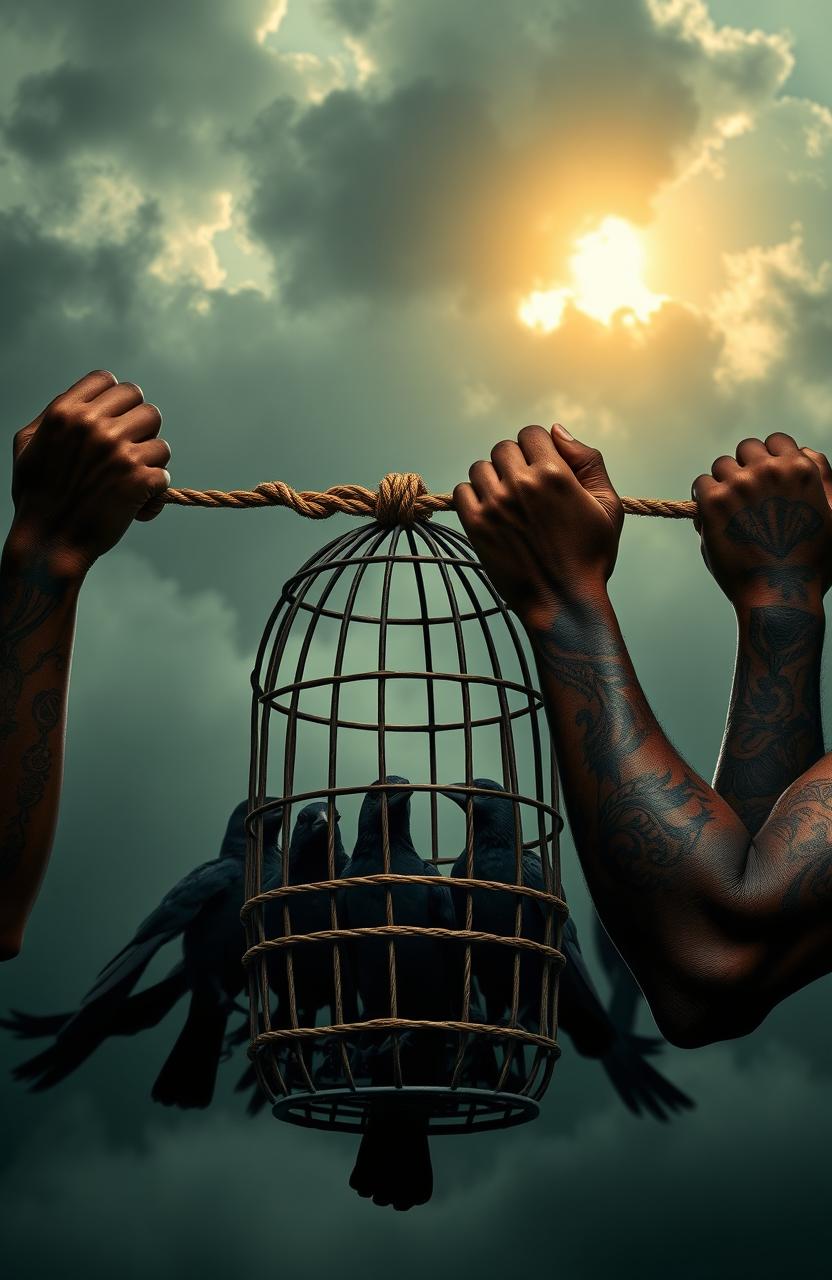 A scene depicting African American hands of a woman and a man adorned with intricate tattoos, tied with rope, pulling towards a caged group of black birds, symbolizing a struggle for freedom
