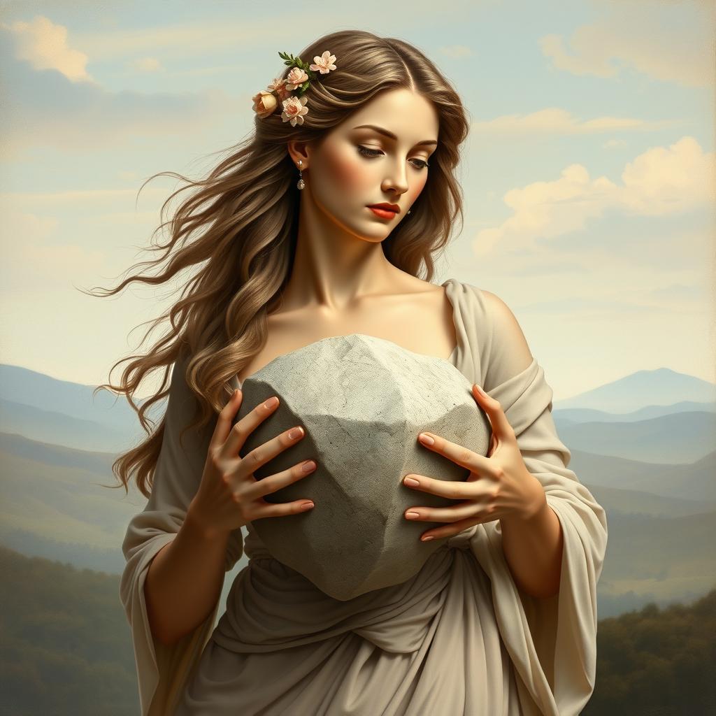 A classical art style portrait of a woman elegantly holding a smooth, large rock between her hands