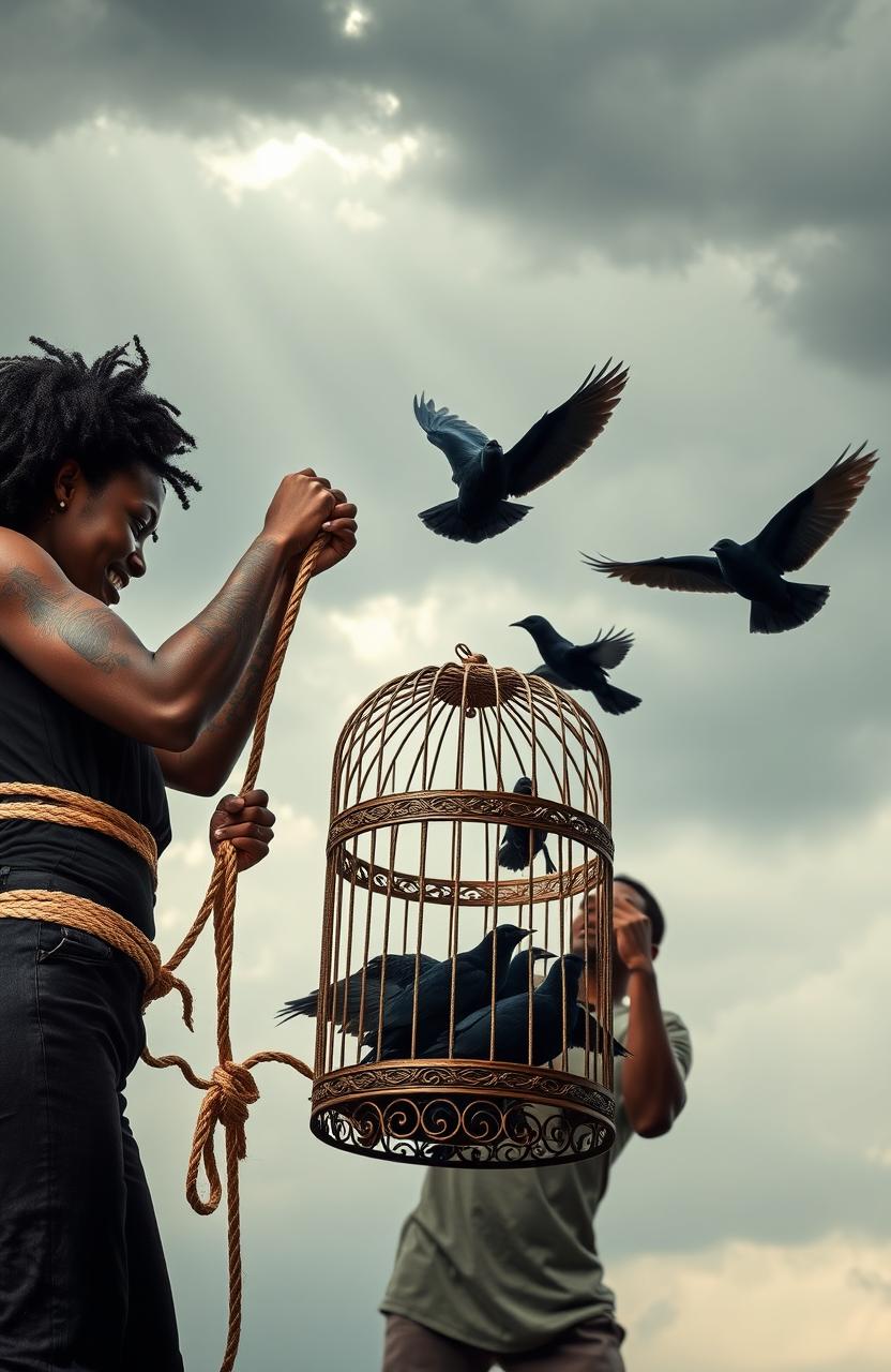 A powerful image of an African American woman and man, both with intricate tattoos on their hands, showcasing their strength and emotion as they are tied together with rope