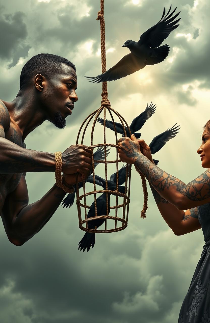 A powerful scene depicting an African American man and woman with intricate tattoos, their hands tied with rope as they pull on a cage with black birds