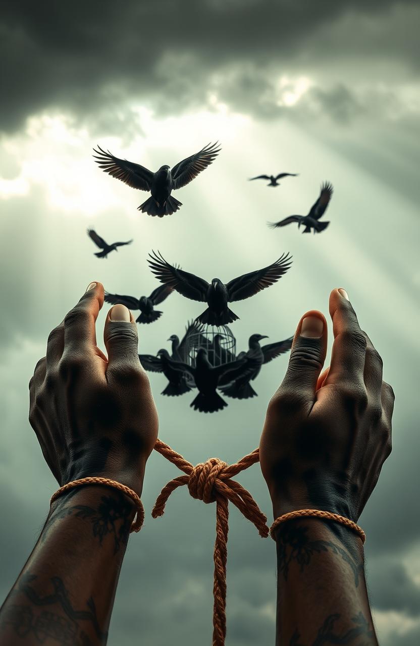 A powerful image depicting African American hands adorned with intricate tattoos, firmly tied with rope, pulling towards a group of caged black birds