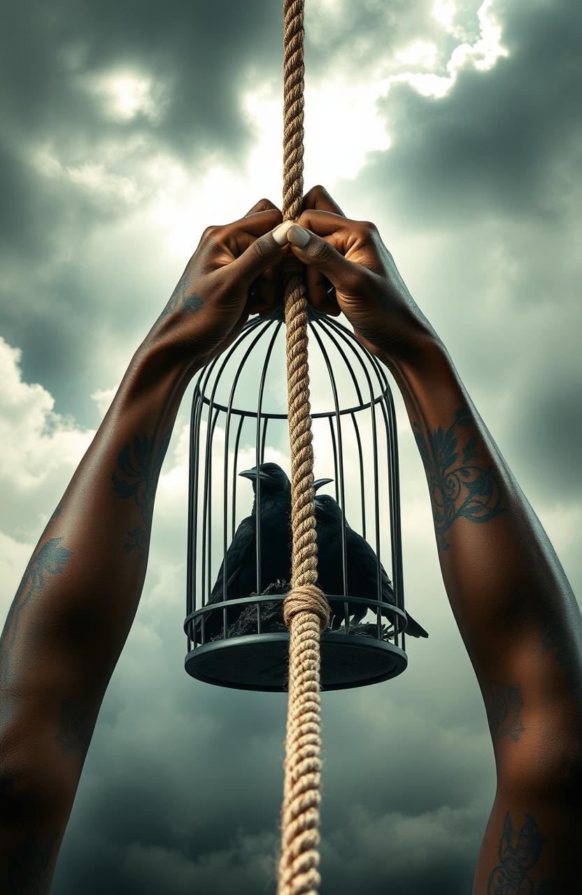 A striking image of African American hands adorned with intricate tattoos, tightly gripping a rope that leads to a cage