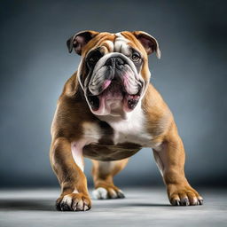 Create a highly realistic and cinematic image of a Bulldog elegantly dancing, showcasing its muscular stance, brindle coat, and expressive face, with a dynamic background that enhances the moment.