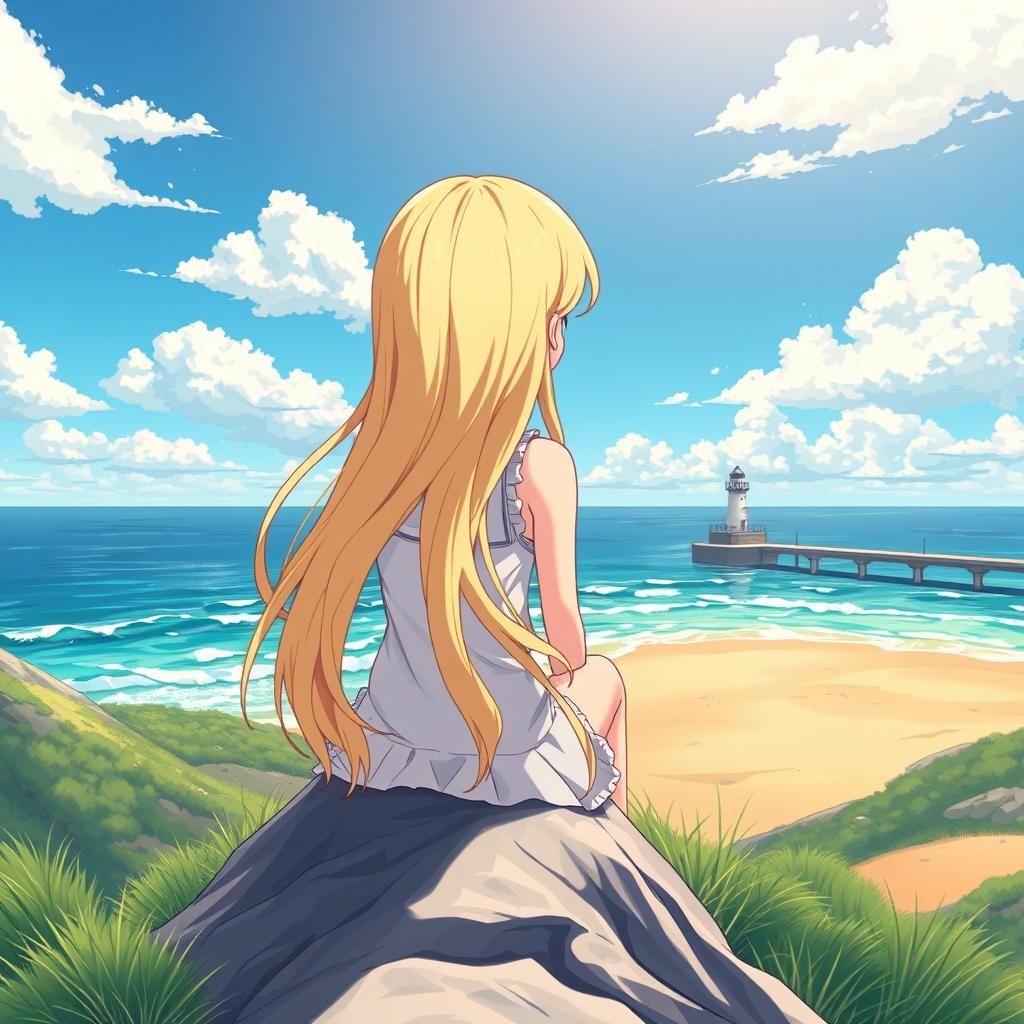 An anime-style illustration of a blonde girl sitting on the peak of a mountain, shown from a perspective that displays her back