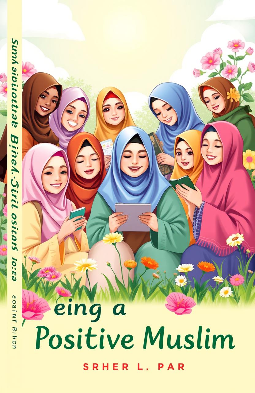 A vibrant book cover design featuring a diverse group of Muslim girls of various ethnic backgrounds engaging in positive activities such as studying together, volunteering, and practicing mindfulness