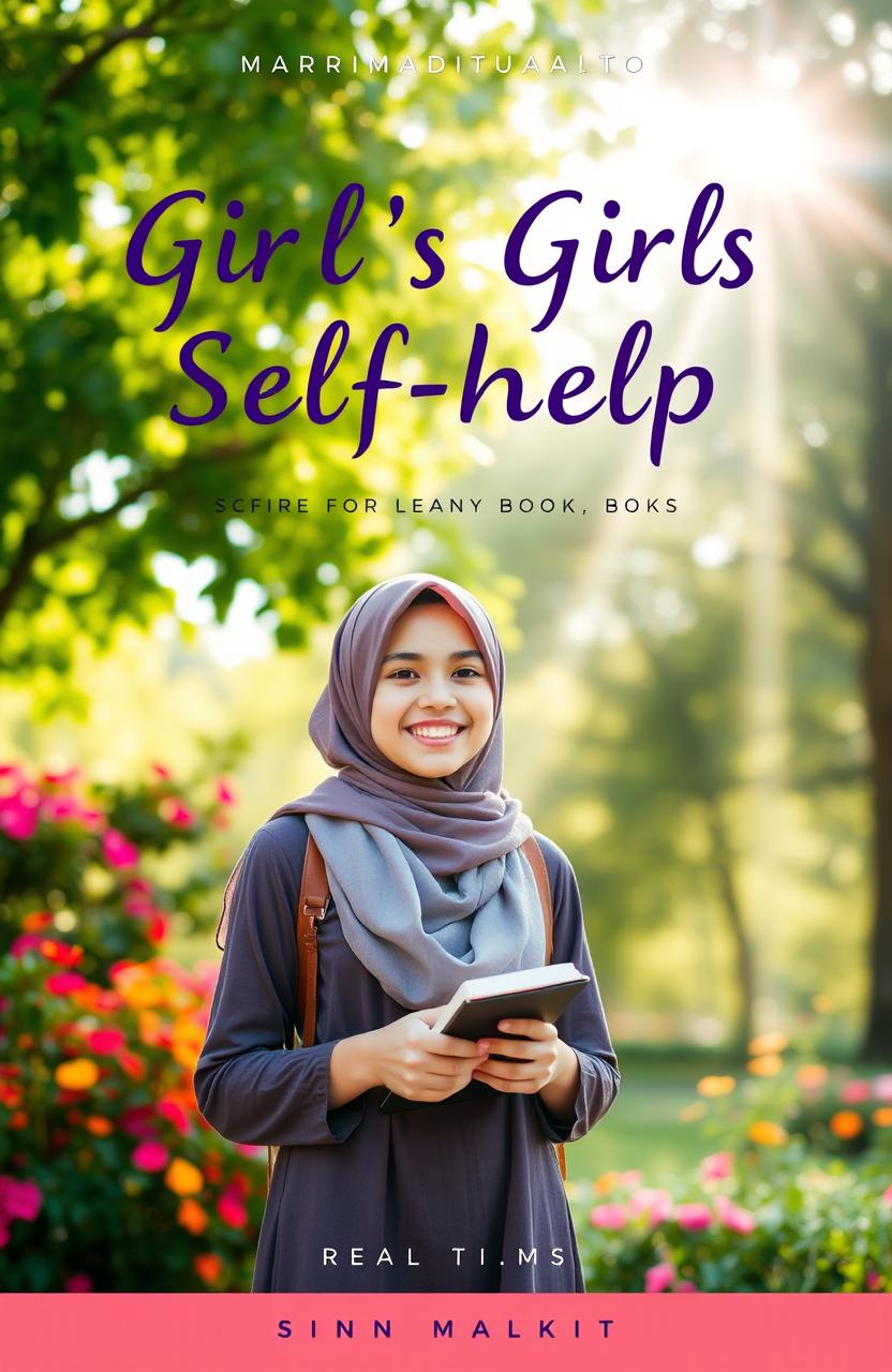 A vibrant and inspiring book cover for a girl's self-help book, featuring a serene outdoor setting with lush green trees and colorful flowers