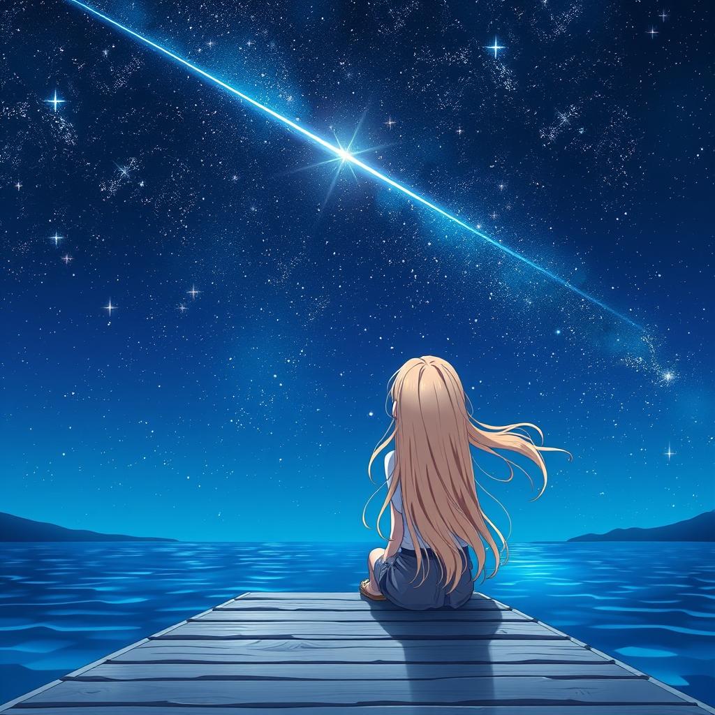 An anime-style illustration of a blonde girl sitting on a pier, shown from a perspective that reveals her back