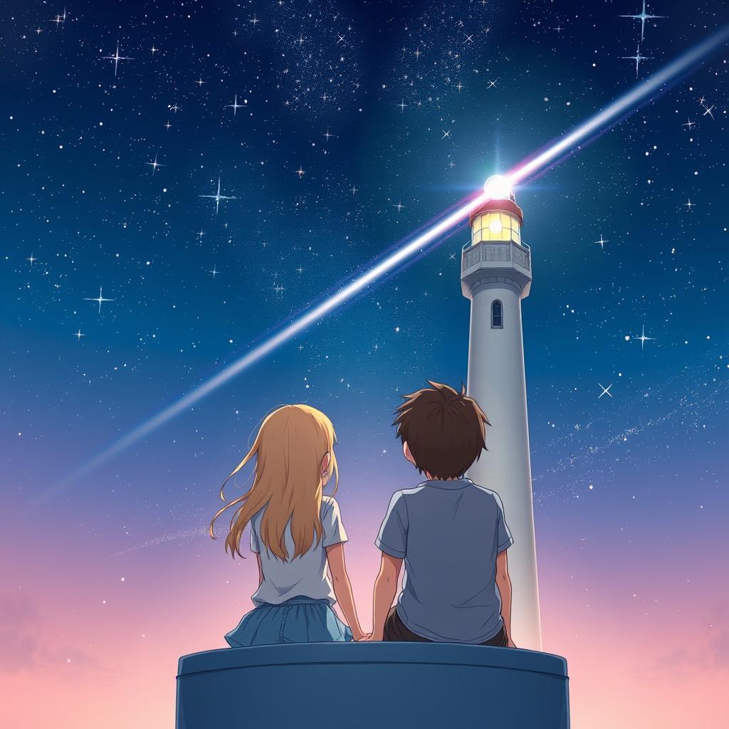 An anime-style illustration of a blonde girl and a brunette boy sitting on top of a lighthouse, viewed from a perspective that shows their backs