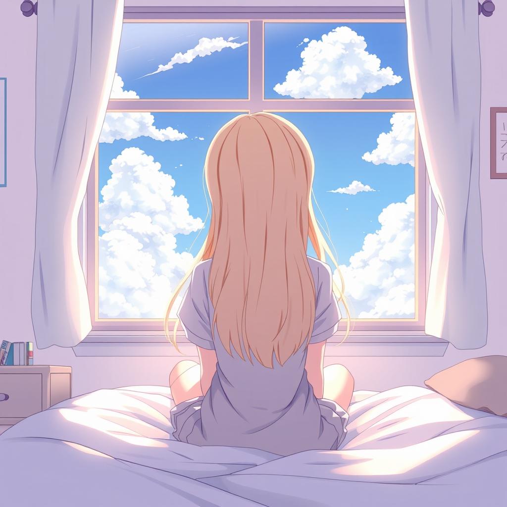 An anime-style illustration of a blonde girl sitting on her bed, depicted from a perspective that shows her back