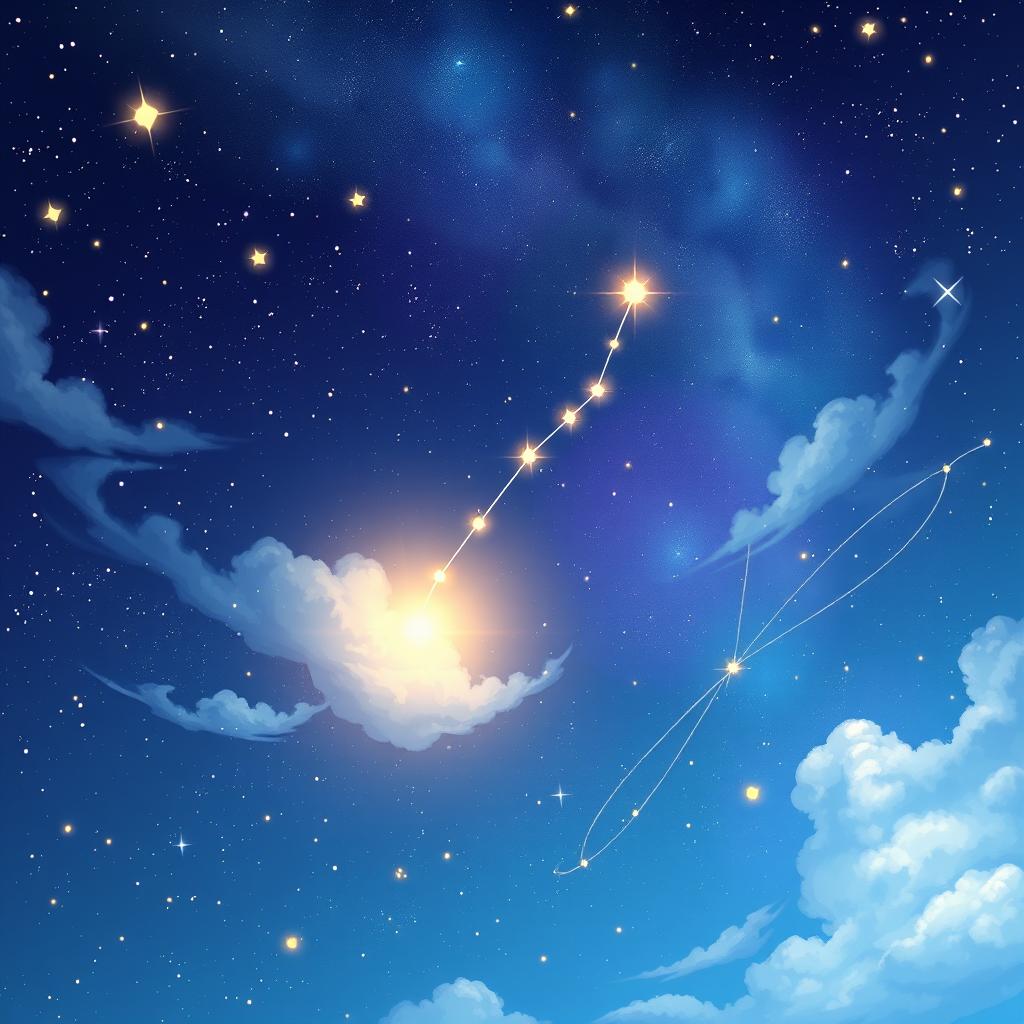An enchanting anime-style illustration of the constellation Sirius, depicted as a prominent feature in a starry sky