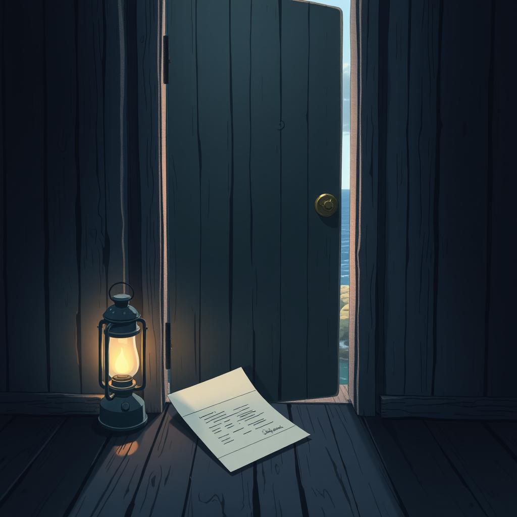 An anime-style illustration depicting the inside of a lighthouse, focusing on the closed door from the perspective of someone inside