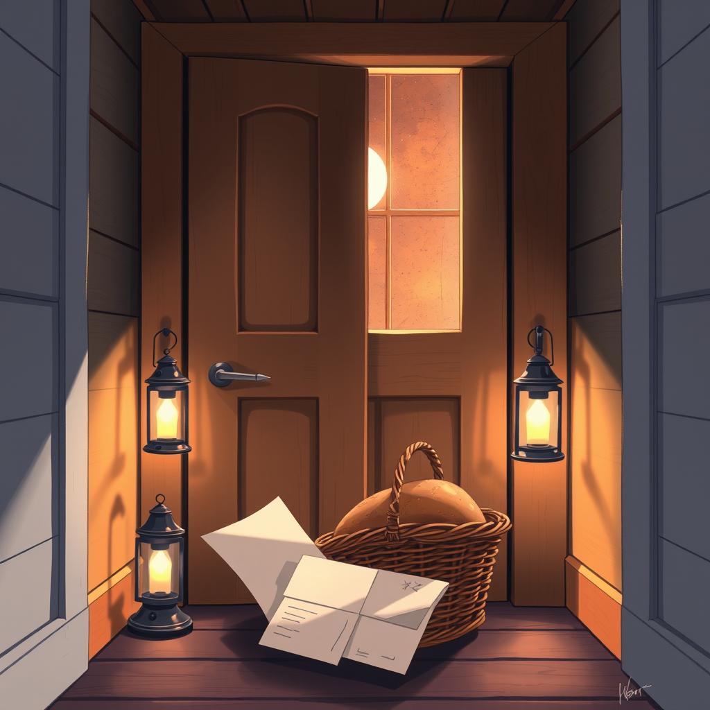 An anime-style illustration depicting the inside of a lighthouse, focusing on the closed door from the perspective of someone inside