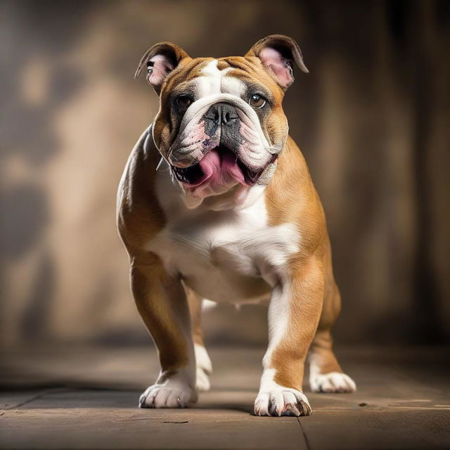 Create a highly realistic and cinematic image of a Bulldog elegantly dancing, showcasing its muscular stance, brindle coat, and expressive face, with a dynamic background that enhances the moment.