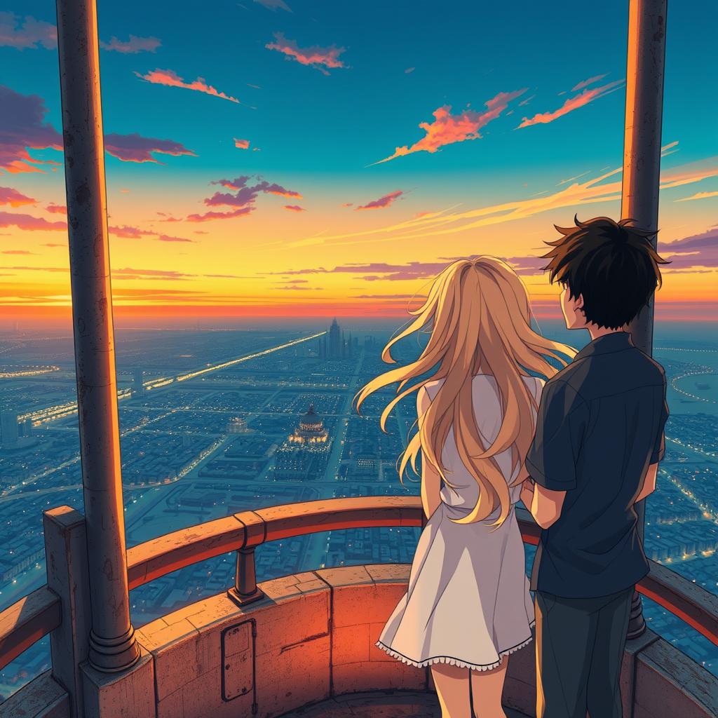 A captivating anime-style illustration featuring a blonde girl and a dark-haired boy standing at the top of a lighthouse, viewed from behind