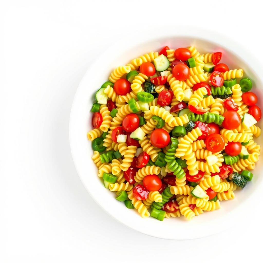 A beautiful image of a round white serving dish filled with a colorful spiral pasta salad