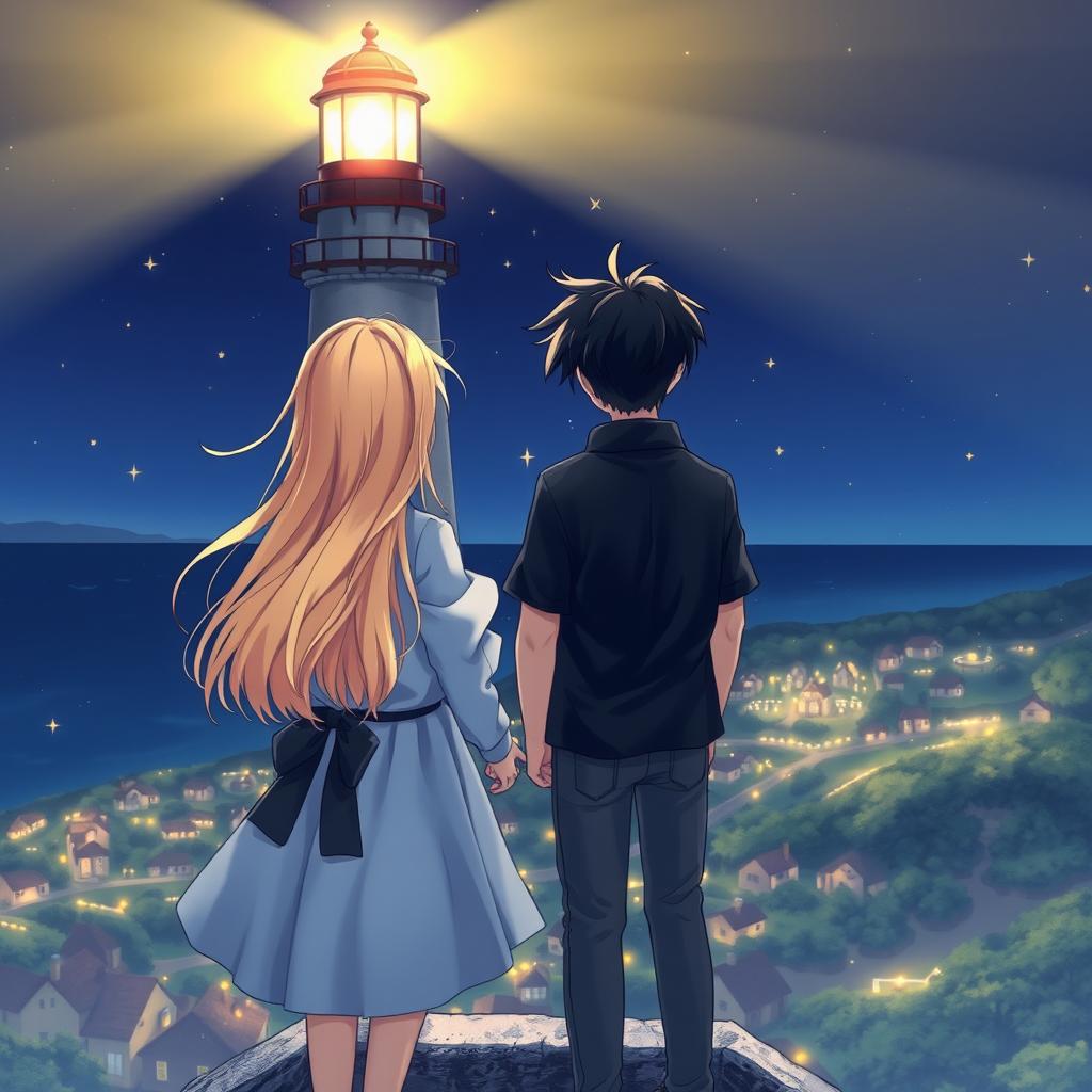 An enchanting anime-style illustration featuring a blonde girl and a dark-haired boy standing at the top of a lighthouse, viewed from behind