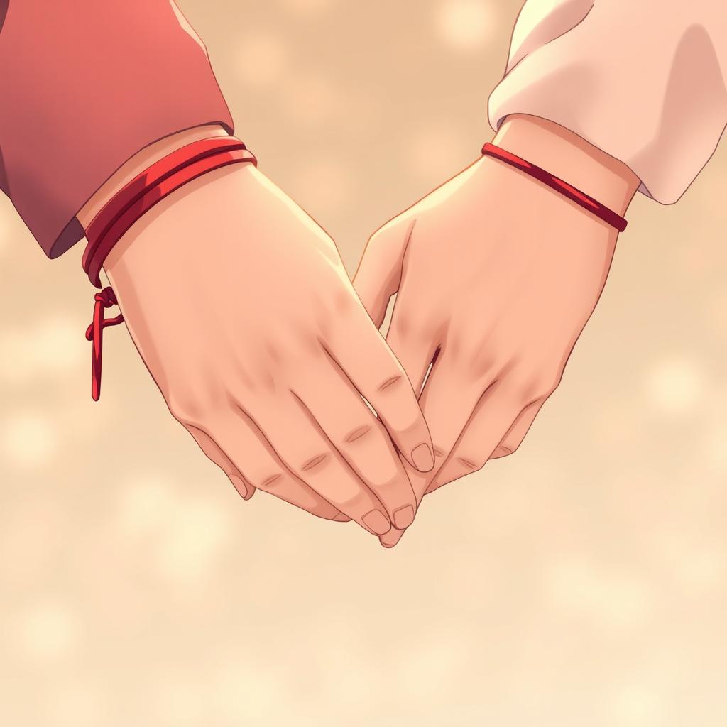 An intimate anime-style illustration focusing solely on the hands of two individuals gently touching each other