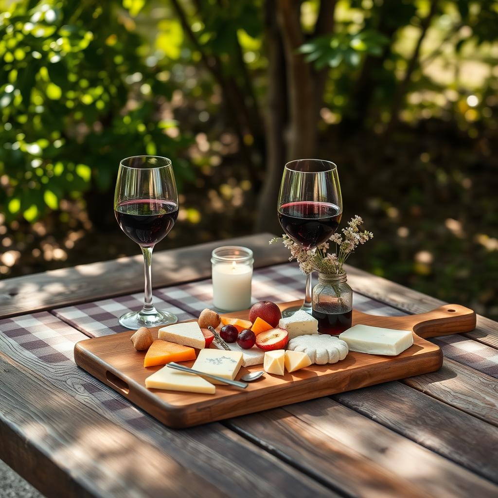 A beautifully styled flat lay of a romantic date setup on a wooden table in a cozy outdoor setting, featuring a vintage checkered tablecloth, two elegant wine glasses filled with red wine, an assortment of gourmet cheeses and fruits artfully arranged on a wooden board, a flickering candle, and a small bouquet of wildflowers in a mason jar