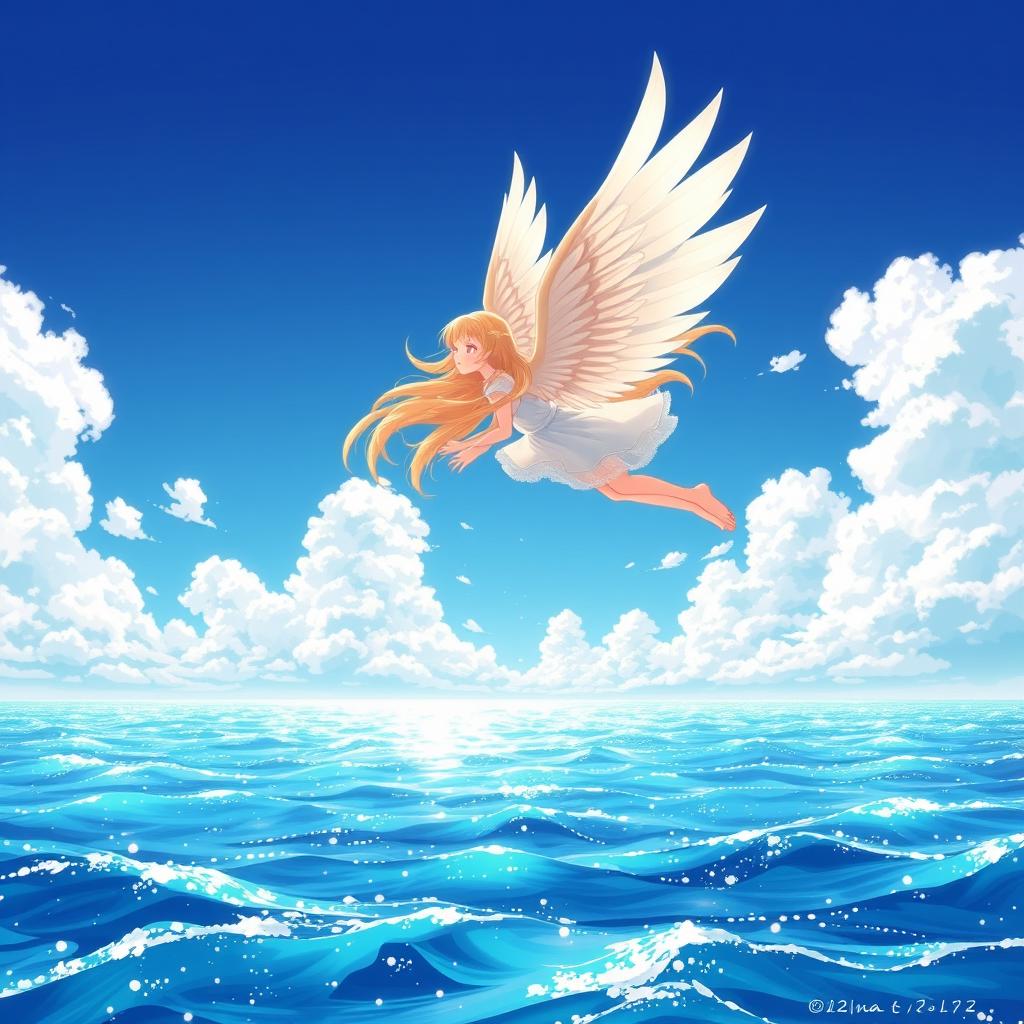 A stunning anime-style illustration of a blonde girl with ethereal wings gracefully flying over sparkling sea waters
