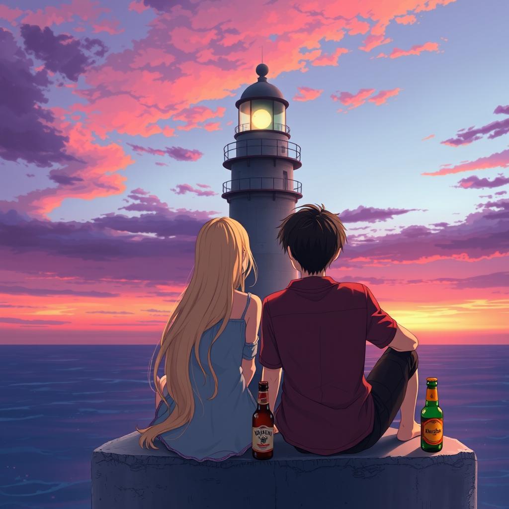 An enchanting anime-style illustration showing a blonde girl and a dark-haired boy from a back perspective, sitting on the edge of a lighthouse as dusk falls