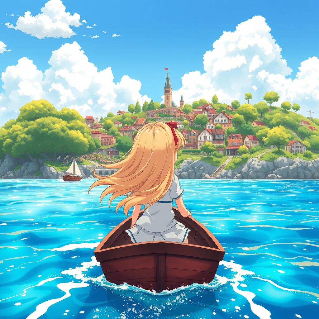 An enchanting anime-style illustration of a little blonde girl sailing away from a vibrant, inhabited island
