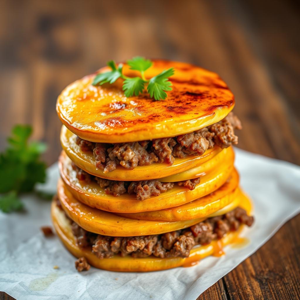 A tempting image of a delicious pastelón de plátano maduro, a traditional Latin American dish made with ripe plantains