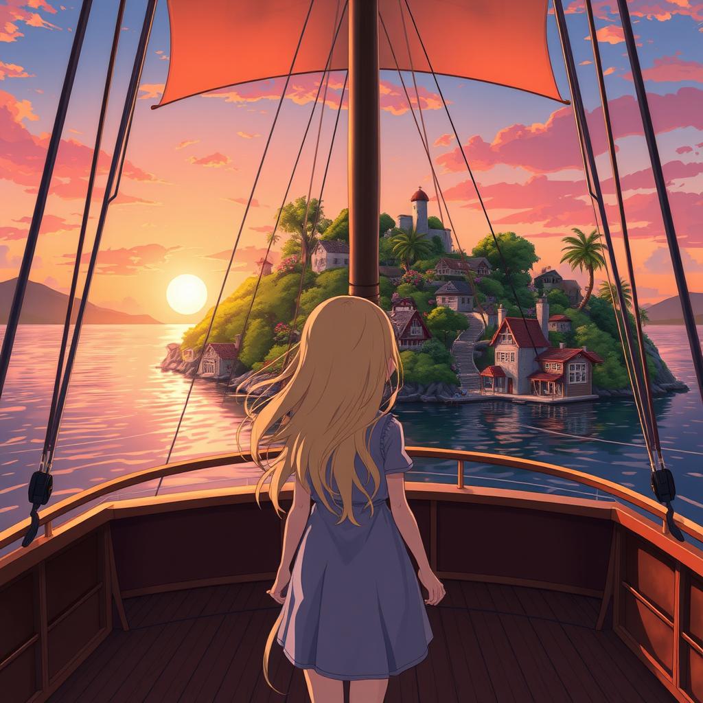 A beautiful anime-style illustration of a blonde girl departing from a large, majestic ship, looking back towards a vibrant inhabited island