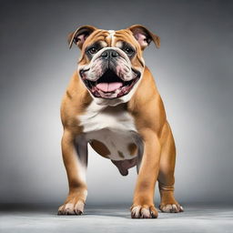 Create a highly realistic and cinematic image of a Bulldog elegantly dancing, showcasing its muscular stance, brindle coat, and expressive face, with a dynamic background that enhances the moment.