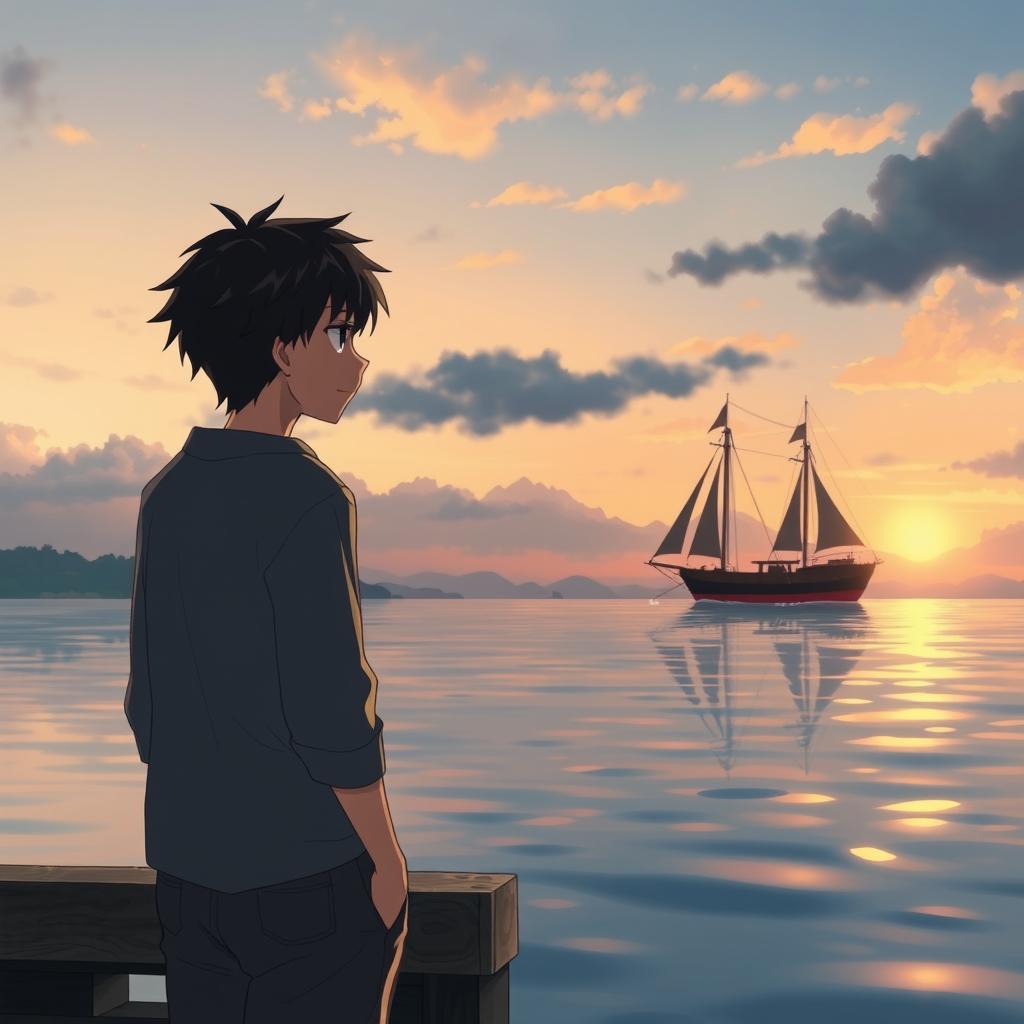A poignant anime scene depicting a dark-haired boy standing at the dock, watching a ship slowly leave the harbor