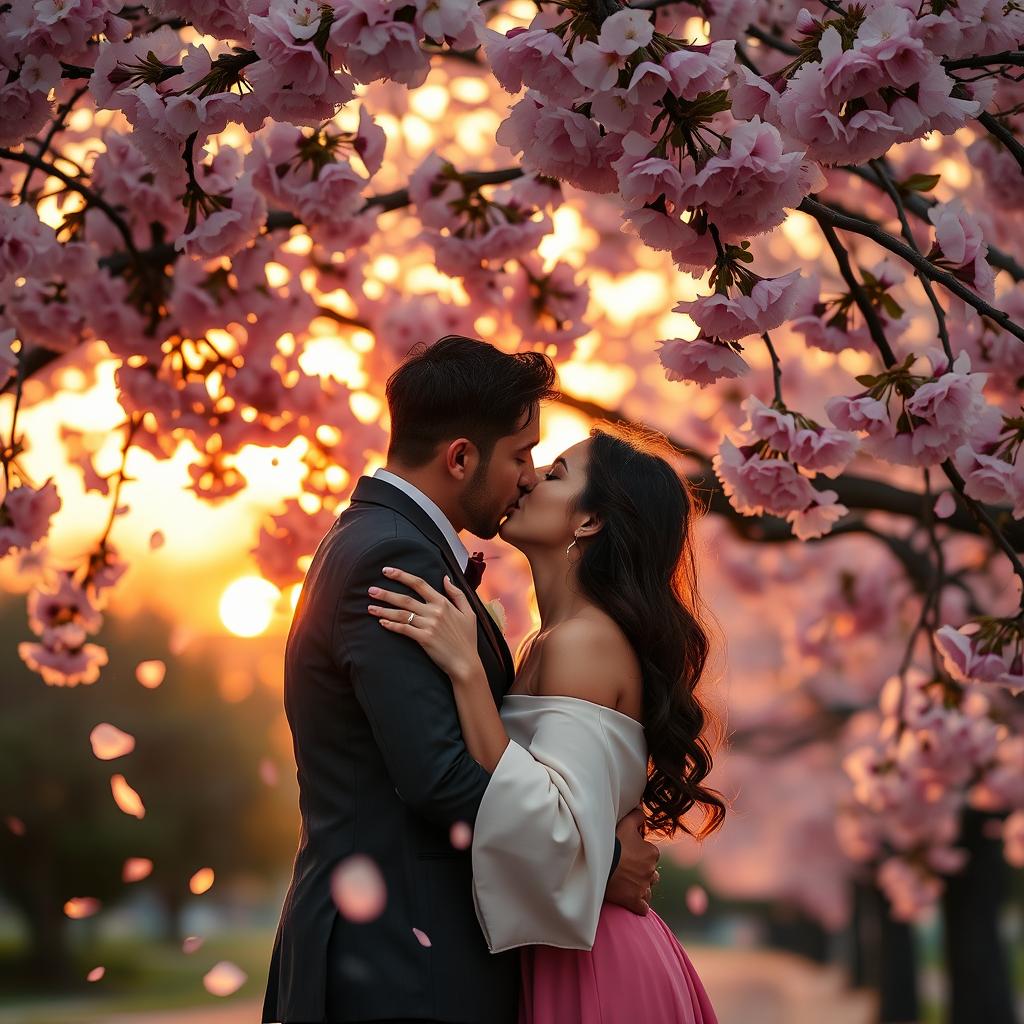 A romantic scene of two adults passionately kissing under a lush, blooming cherry blossom tree