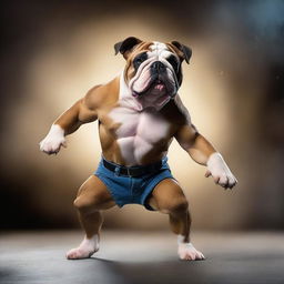 Create a highly realistic and cinematic image of a Bulldog elegantly dancing, showcasing its muscular stance, brindle coat, and expressive face, with a dynamic background that enhances the moment.