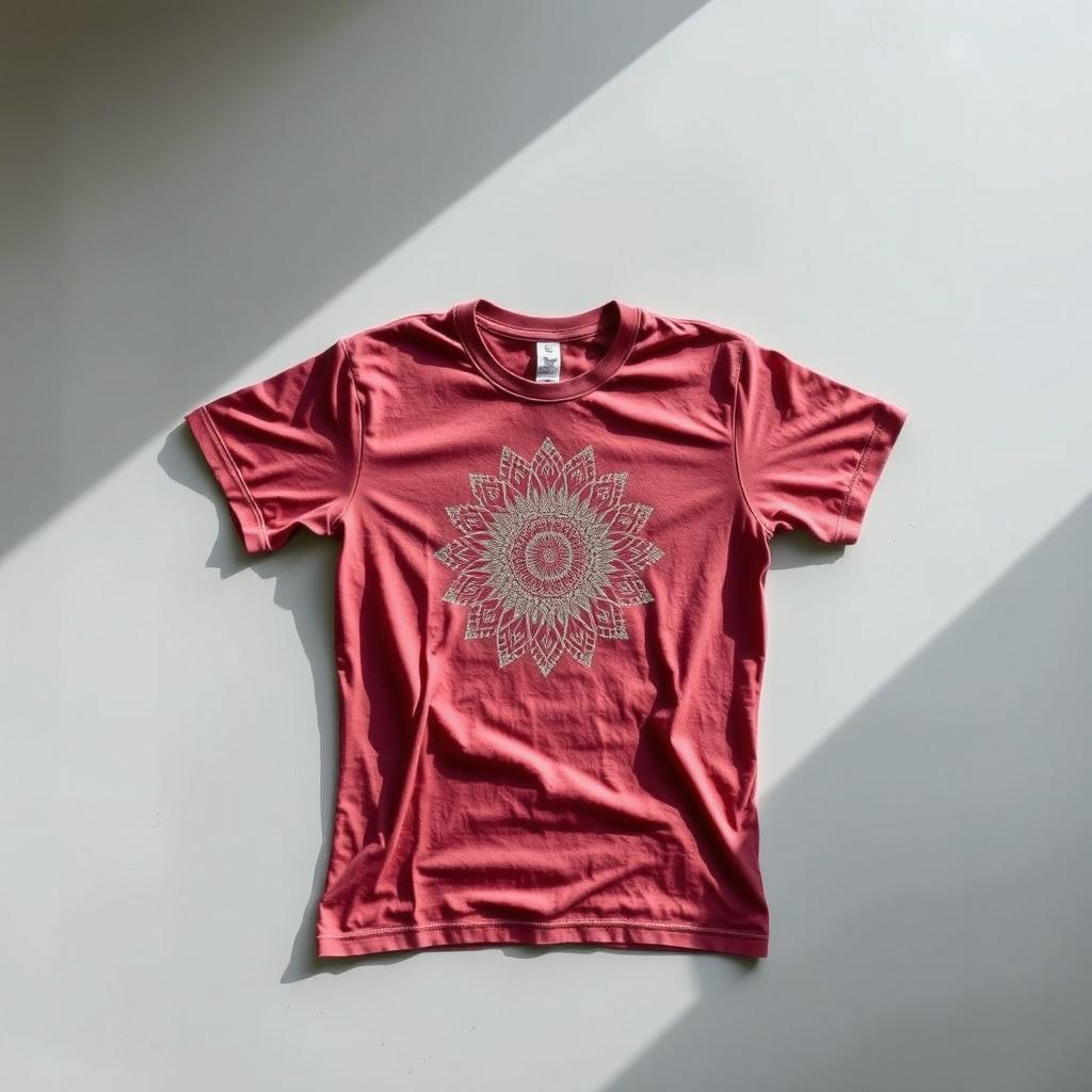 A neatly displayed t-shirt laying flat on a smooth surface, oriented vertically, showcasing its vibrant colors and intricate design