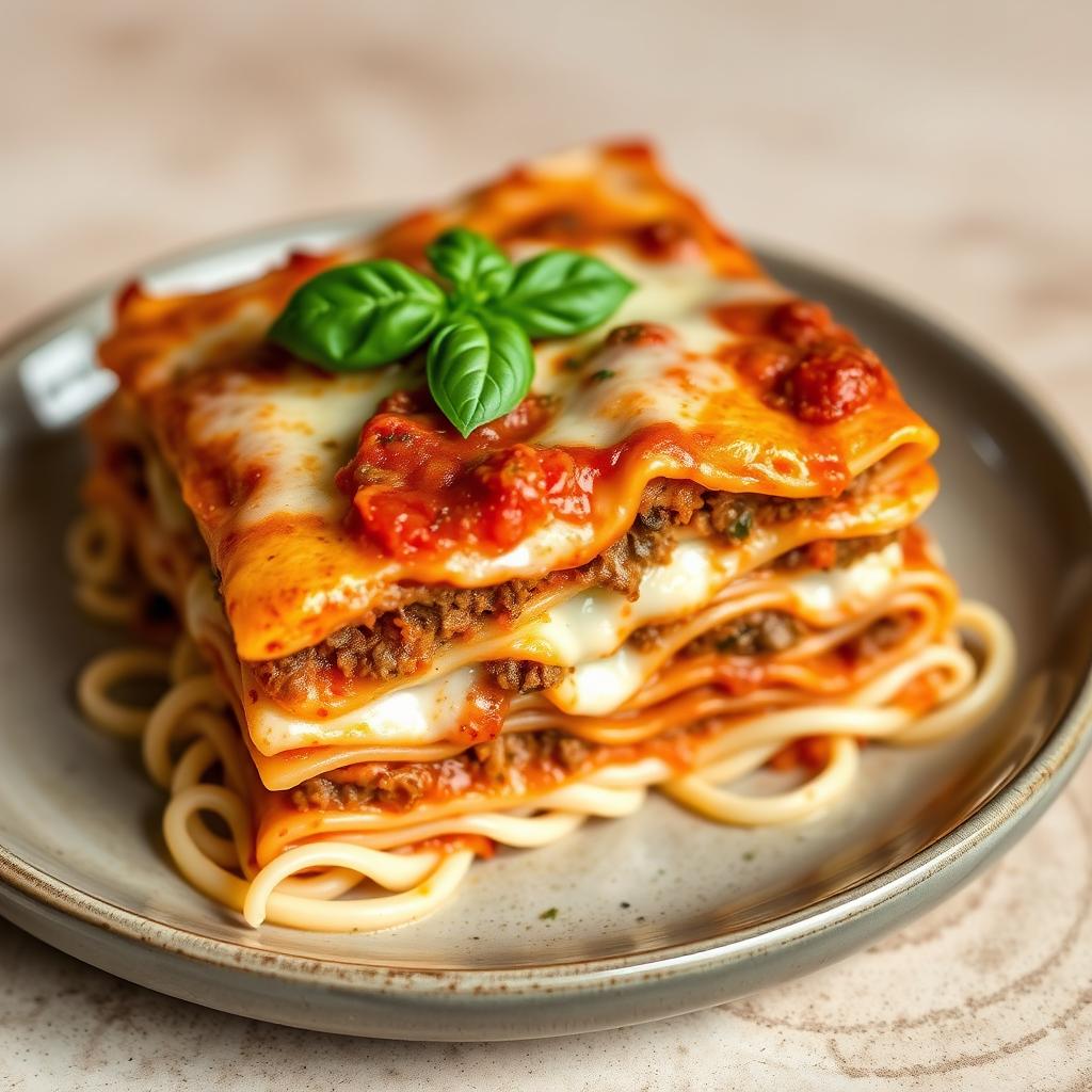 A mouthwatering image of a round plate filled with a hearty lasagna made with layers of pasta, rich beef meat sauce, and creamy béchamel