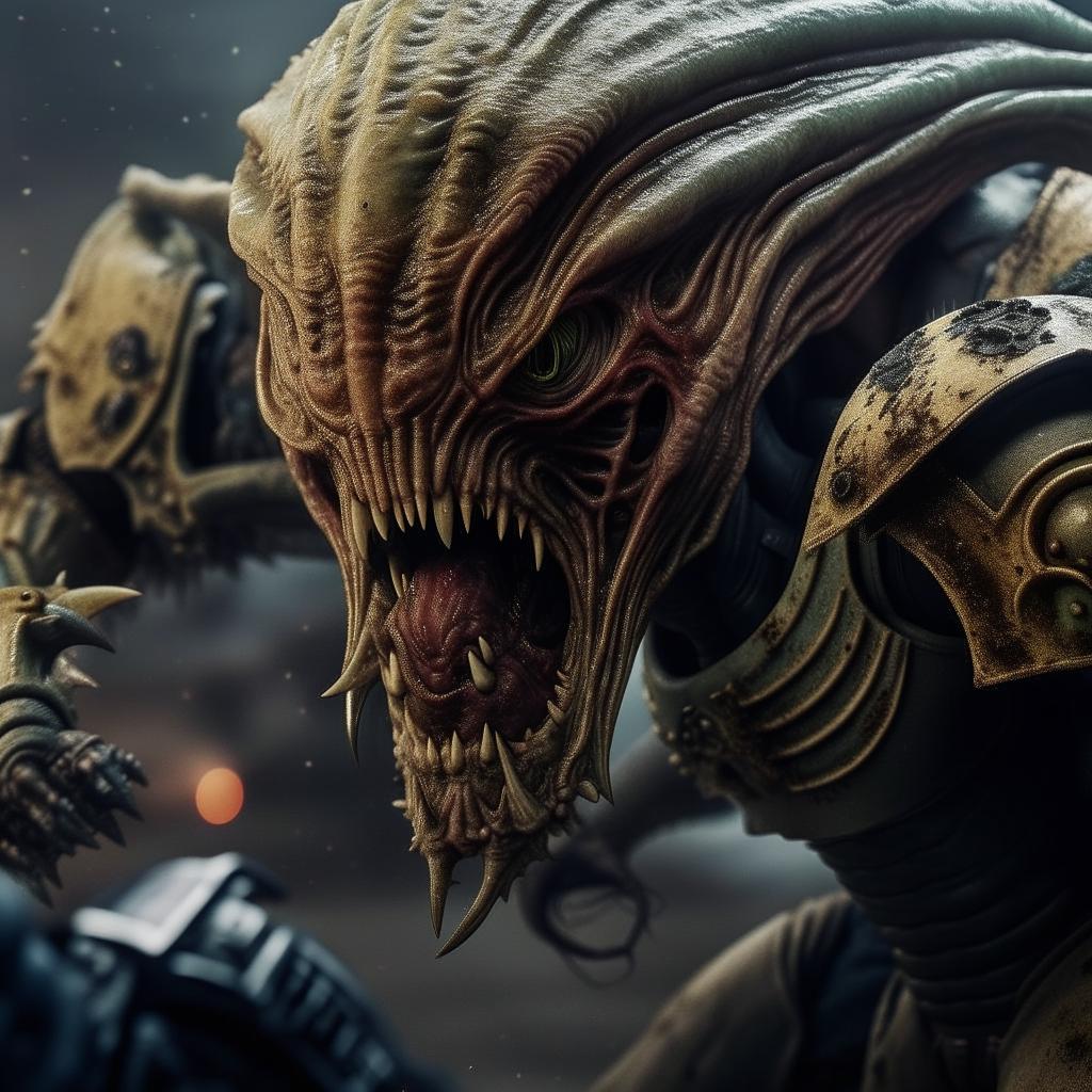 A high definition, cinematic quality close-up of a Warhammer 40K soldier in mid-battle with an alien creature. The soldier's armor is detailed, weathered from combat, and the alien is grotesque yet intriguing.